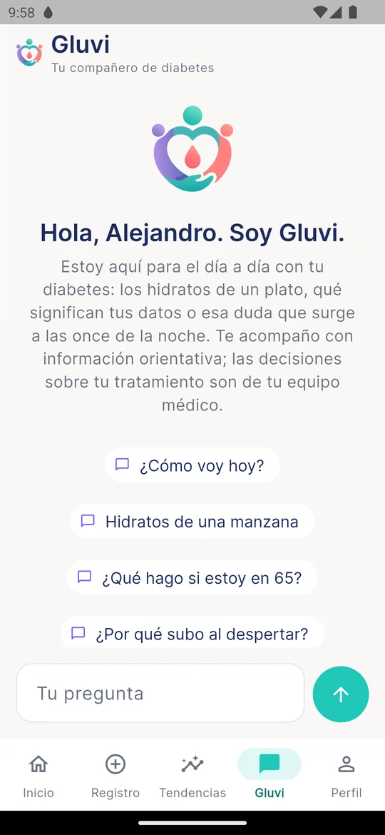 Pantalla de Gluvi, el compañero dentro de la app, con preguntas sugeridas