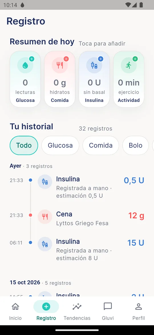 Pantalla de Registro con el resumen del día y el historial